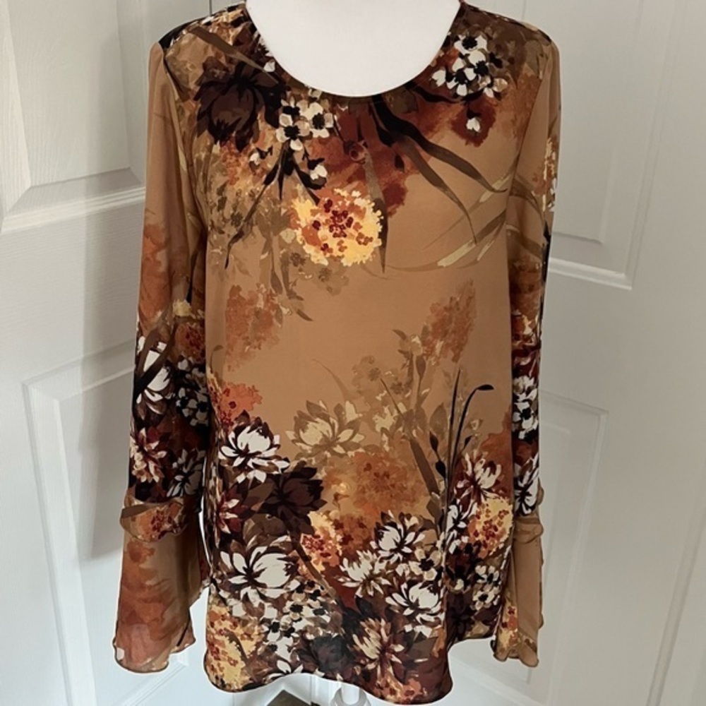 Zac & Rachel Blouse Long Bell‎ Sleeve Medium Brown Floral Key Hole Sustainable